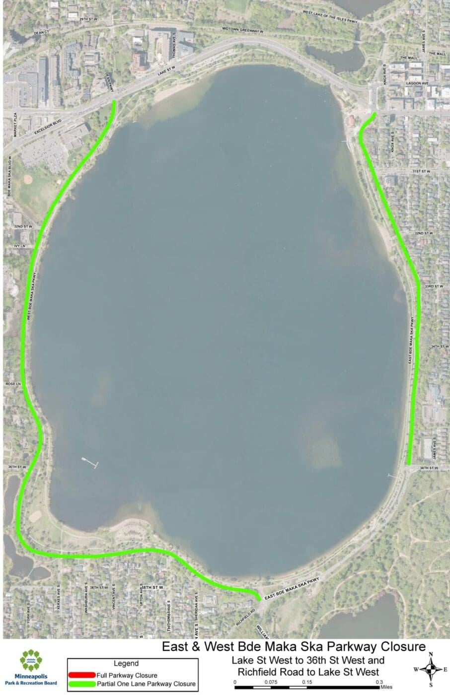 map of Bde Maka Ska Parkway closures to motor vehicles for social distancing during the Stay at Home order
