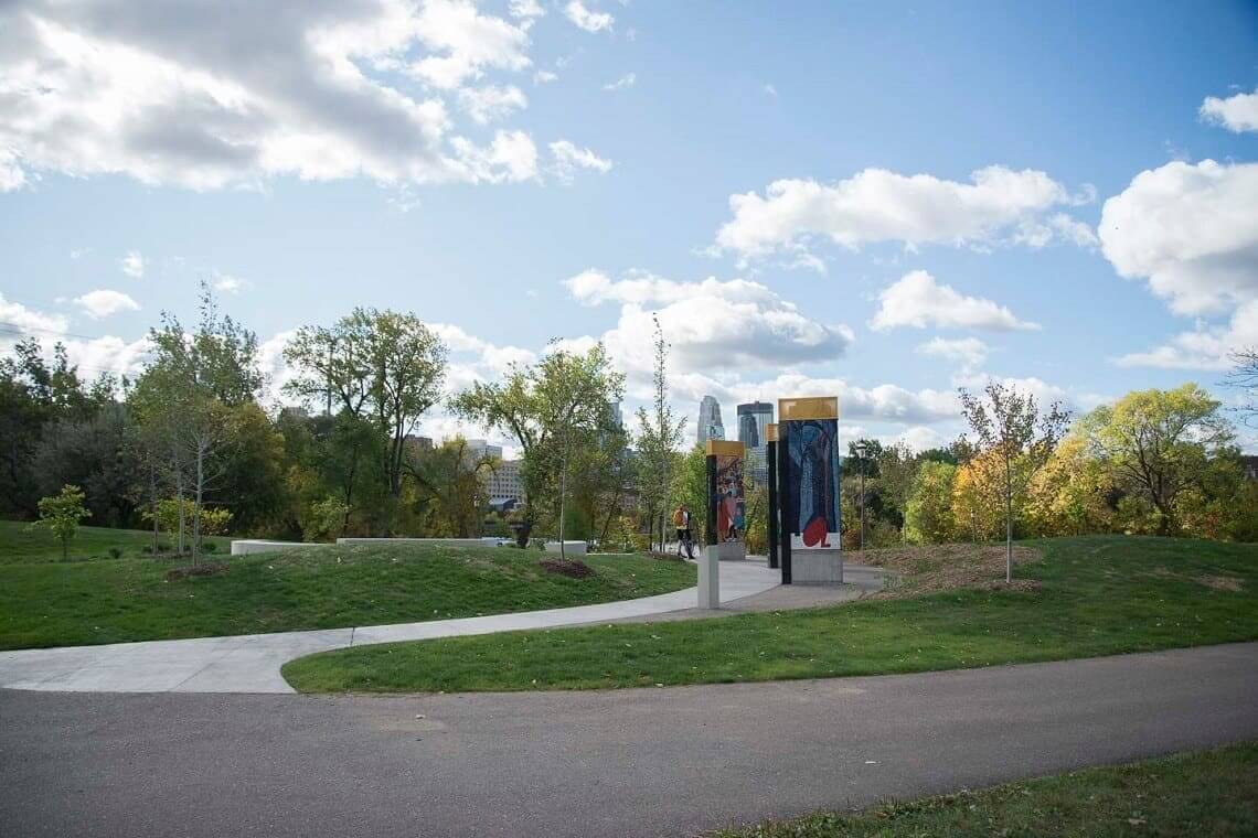 Photos of the Sexual Assault Survivor Memorial in Boom Island Park.