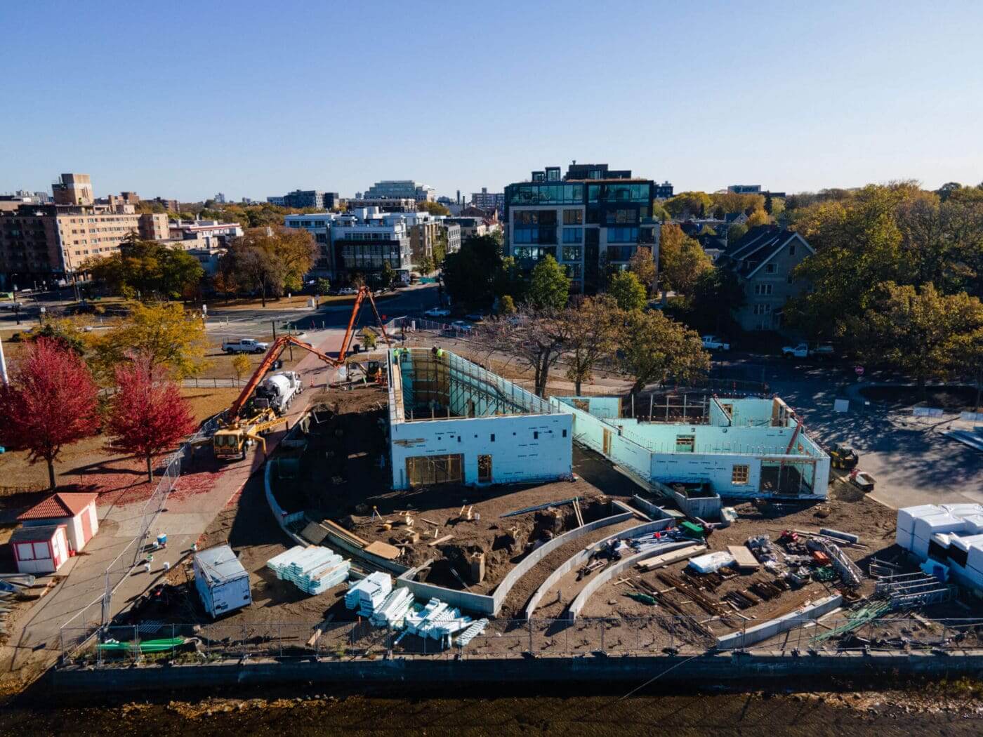 Drone photo of construction progress at the Bde Maka Ska pavilion area