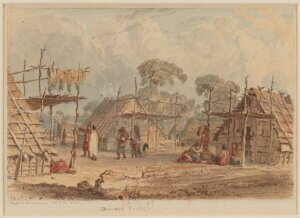 Watercolor of Native people gathering to talk, haul, and work in a village with wooden houses. 