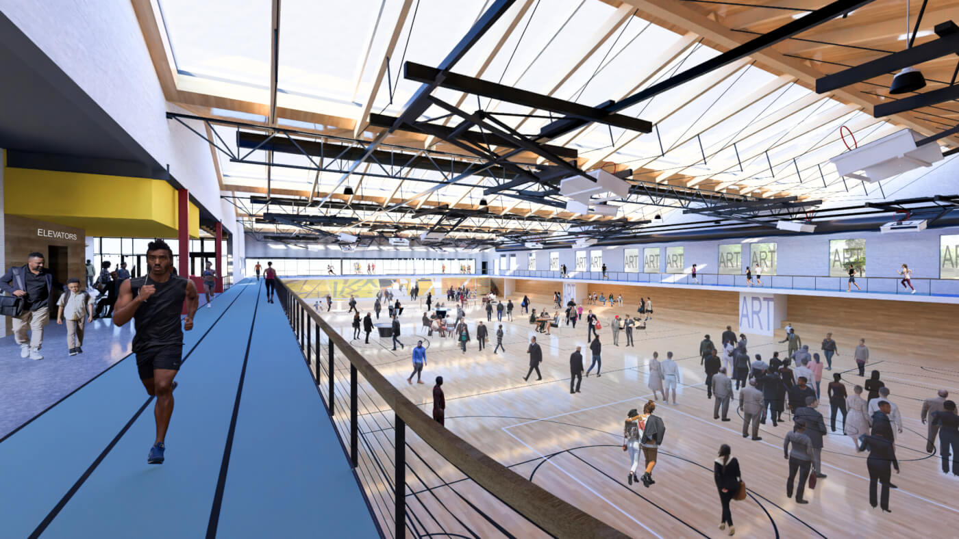 An illustration shows the walking track and gym/event space at a new fieldhouse under construction at North Commons Park