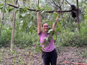 Woman holding a small removed tree over her head.