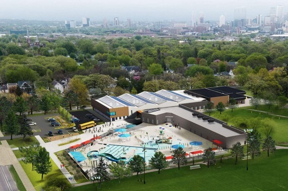 Illustration of the completed field house, community center and water park. 