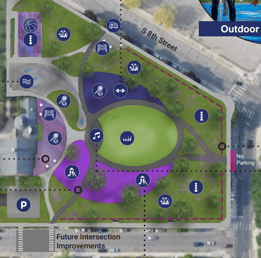 Rendered aerial view of the final concept design highlighting future intersection improvements. 