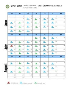 Calendar from June-August with the schedule of open swim.Lake Nokomis Main Beach
June 9 – August 20
Tuesday and Thursday: 5:30-7:30 pm
Friday and Sunday: 9:30-11:30 am

Cedar Lake Point Beach
June 9 – August 20
Monday and Wednesday: 5:30-7:30 pm

Lake Monster icon listed on July 12. 