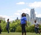 banner image: Youthline participants in Boom Island Park with Minneapolis skyline in background