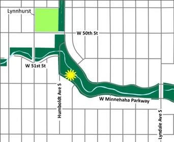 A map showing location of Minnehaha Fall Outing: on south side of the creek: along Minnehaha Parkway between West 51st and 52nd streets, south of Lynnhurst Recreation Center