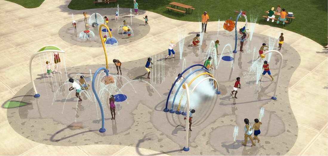 An illustration shows the new splash pad coming soon to Currie Park
