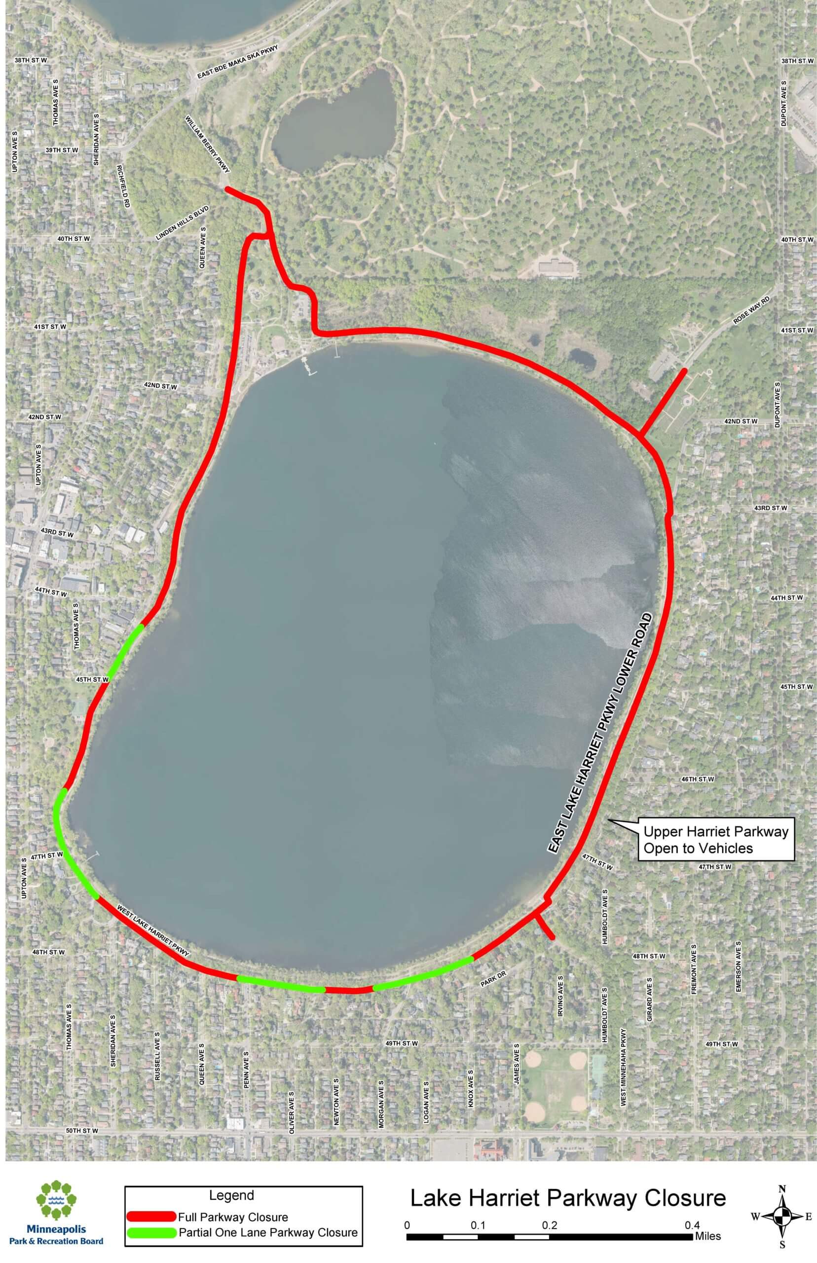 Map showing parkway closures to motorized traffic around Lake Harriet
