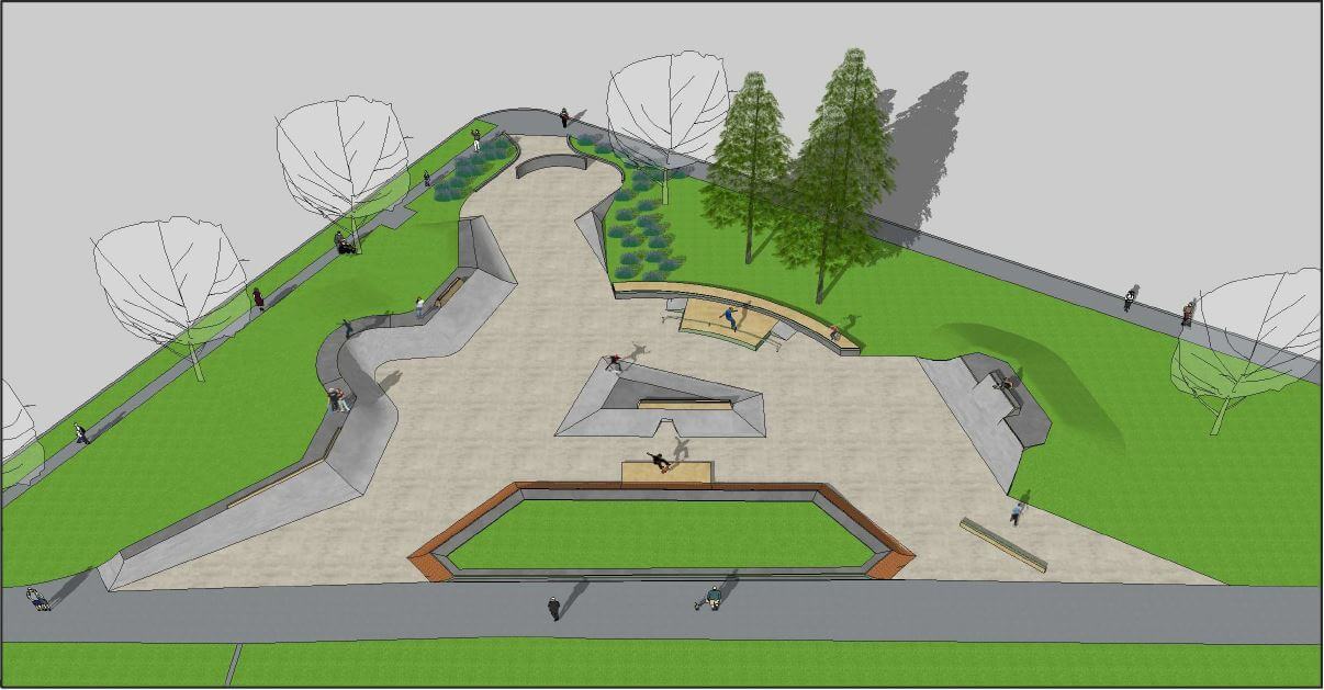 An illustration showing the upgraded skate park at Elliot Park
