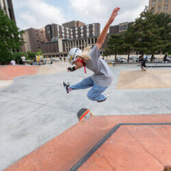 People gather to celebrate the grand opening of the Elliot Park Skate Plaza